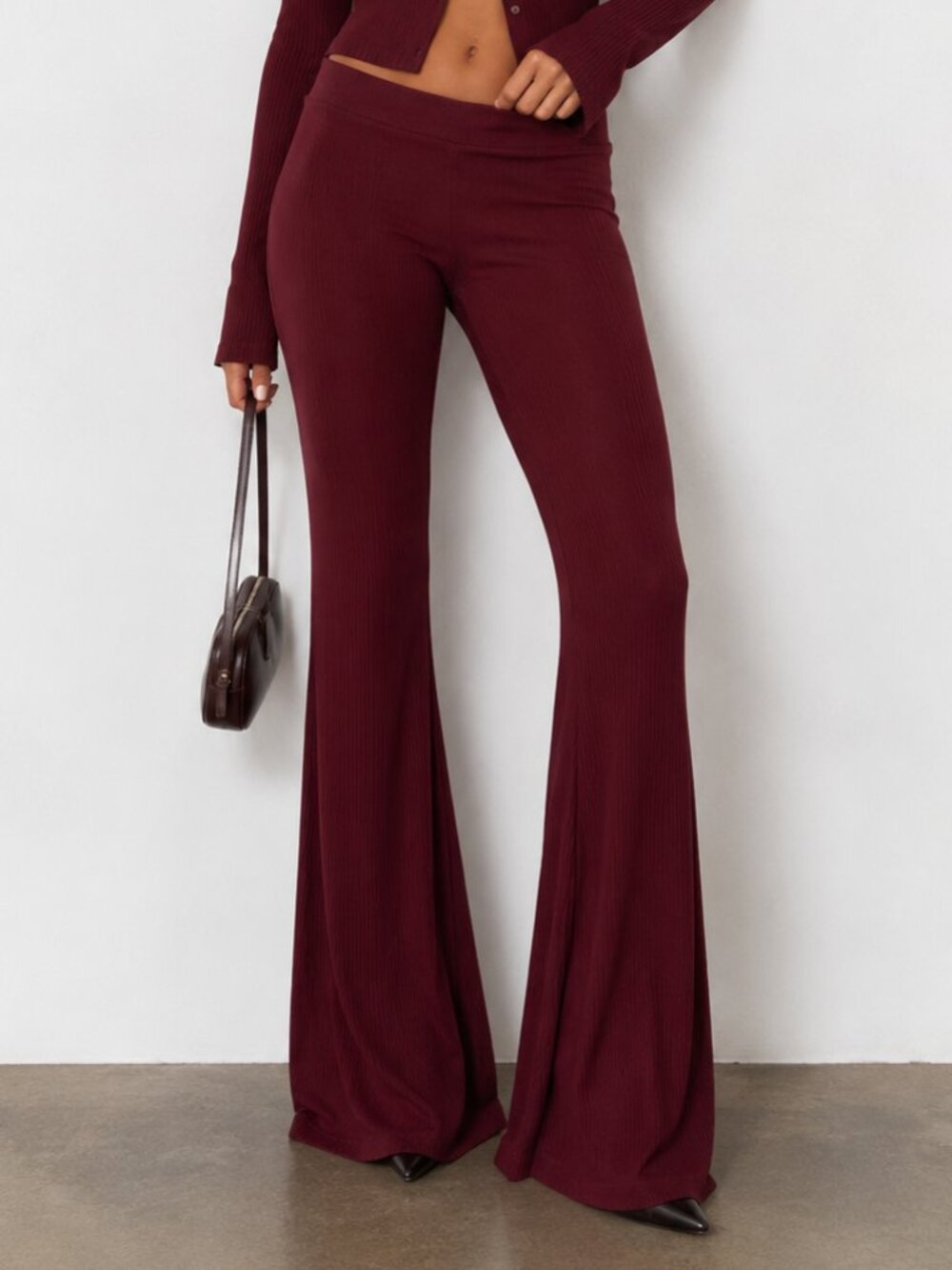 Naked Wardrobe XL Burgundy Ribbed Flare Pants Sexy Stretch Long NWT